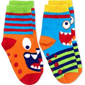 Jefferies Socks Boys Boy's Monster Fuzzy Non-Skid Slipper 2 Pack, Multi, X-Small, Multi, X-Small US