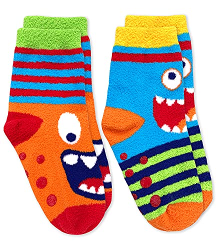 Jefferies Socks Boys Boy's Monster Fuzzy Non-Skid Slipper 2 Pack, Multi, X-Small, Multi, X-Small US