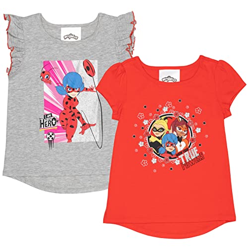 Miraculous Ladybug Cat Noir Rena Rouge Big Girls 2 Pack T-Shirts Gray/Red 10-12