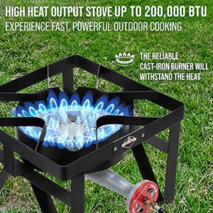 Hike Crew Cast Iron Single-Burner Outdoor Gas Stove | 220,000 BTU Portable Propane-Powered Cooktop | with Blue Flame Air Control Panel, Hose with Adjustable 0-20 PSI Regulator