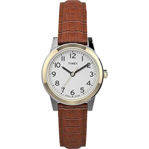 timex women's essex avenue 25mm watch – two-tone case white dial with brown leather strap