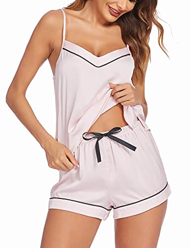 Ekouaer Lounge Set Women's Silk Soft Sleepwear Two Piece Pajamas Satin Cami Shorts Pj Set Bride Bachelorette Gifts (Pink,L)