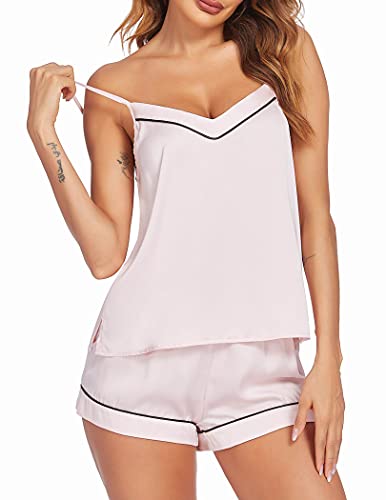 Ekouaer Lounge Set Women's Silk Soft Sleepwear Two Piece Pajamas Satin Cami Shorts Pj Set Bride Bachelorette Gifts (Pink,L)