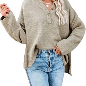 Dokotoo Womens 2023 Fall V Neck Fashion Button Cable Knit Sweater Basic Solid Soft Ladies Batwing Long Sleeve Pullover Tops Jumpers Outwear Khaki M