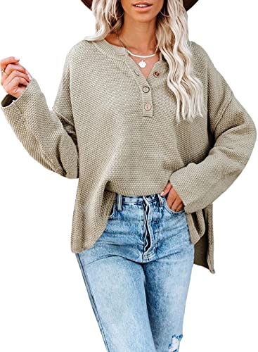 Dokotoo Womens 2023 Fall V Neck Fashion Button Cable Knit Sweater Basic Solid Soft Ladies Batwing Long Sleeve Pullover Tops Jumpers Outwear Khaki M