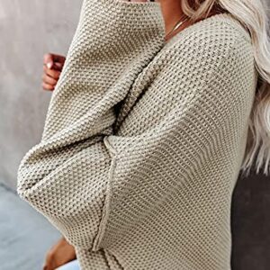 Dokotoo Womens 2023 Fall V Neck Fashion Button Cable Knit Sweater Basic Solid Soft Ladies Batwing Long Sleeve Pullover Tops Jumpers Outwear Khaki M