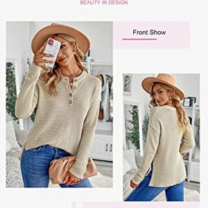 Dokotoo Womens 2023 Fall V Neck Fashion Button Cable Knit Sweater Basic Solid Soft Ladies Batwing Long Sleeve Pullover Tops Jumpers Outwear Khaki M