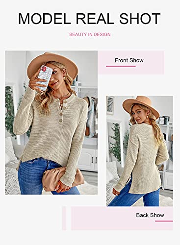 Dokotoo Womens 2023 Fall V Neck Fashion Button Cable Knit Sweater Basic Solid Soft Ladies Batwing Long Sleeve Pullover Tops Jumpers Outwear Khaki M