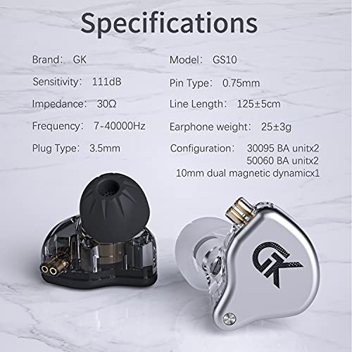 GK GS10 in-Ear Earphones Wired, Wired Earbuds, HiFi Professional Stereo Deep Bass Noise Isolating Sport IEM Earbuds with Detachable Cables No Mic