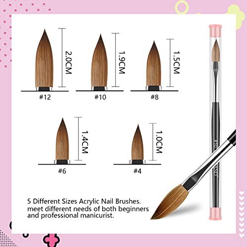 Saviland 5pcs Acrylic Nail Brush for Acrylic Powder Size 4/6/8/10/12 Professional Nail Art Brushes Set Wood Handle Nail Brushes for Acrylic Application Nail Extension Carving