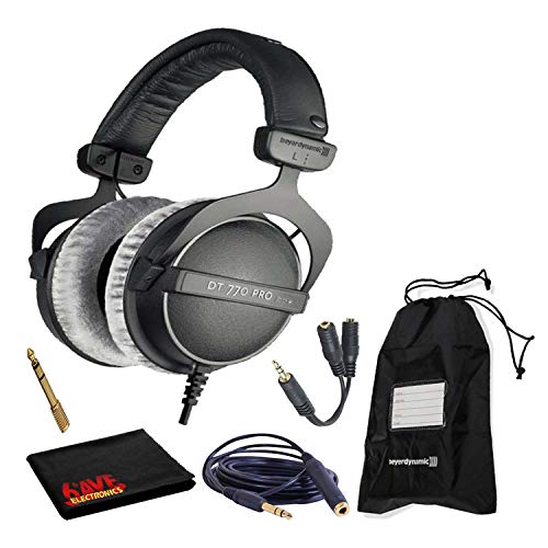 Beyerdynamic DT 770 Pro 80 Ohm Closed-Back Studio Mixing Headphones Bundle with Soft Drawstring Case, Headphone Splitter, 5ft Extension Cable, and 6AVE Cleaning Cloth