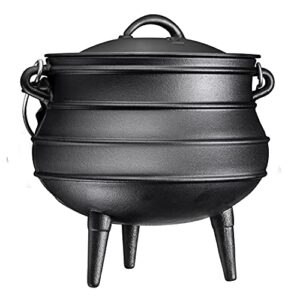bruntmor pre-seasoned cauldron cast iron | 10 quarts - african potjie pot with lid | 3 legs for even heat distribution - premium camping cookware for campfire, coals and fireplace cooking (large)