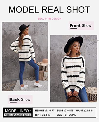 Dokotoo Long Sleeve Crewneck Striped Pullover Sweaters for Women Winter Casual Loose Knit Pullover Sweater Jumper Tops White Medium