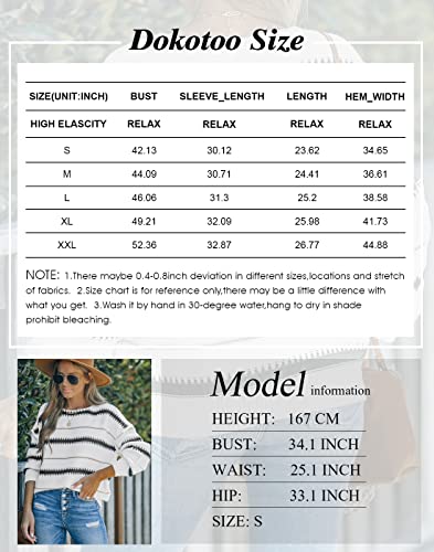 Dokotoo Long Sleeve Crewneck Striped Pullover Sweaters for Women Winter Casual Loose Knit Pullover Sweater Jumper Tops White Medium