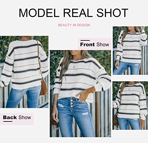 Dokotoo Long Sleeve Crewneck Striped Pullover Sweaters for Women Winter Casual Loose Knit Pullover Sweater Jumper Tops White Medium