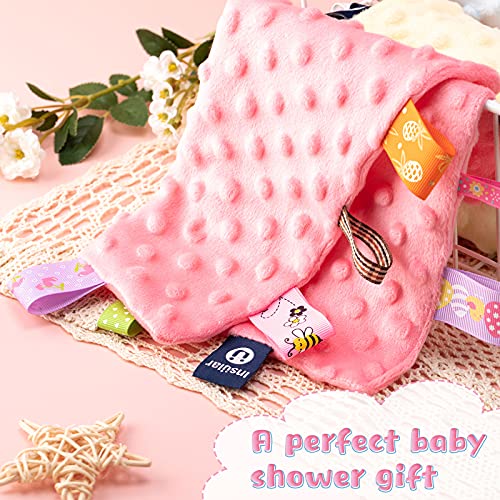 4 Pieces Baby Tag Security Blanket Baby Soothing Plush Blanket Sensory Soft Comforter Blanket Baby Animal Nursery Bed Blanket for 0-12 Months Babies, 9.5 x 9.5 Inch (Gray, Pink, Orange, Green)