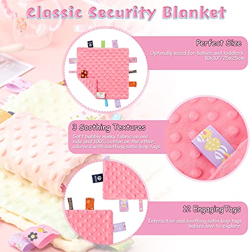 4 Pieces Baby Tag Security Blanket Baby Soothing Plush Blanket Sensory Soft Comforter Blanket Baby Animal Nursery Bed Blanket for 0-12 Months Babies, 9.5 x 9.5 Inch (Gray, Pink, Orange, Green)