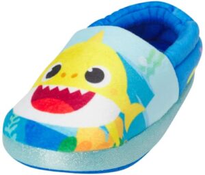 nickelodeon plush fuzzy slippers, non-skid sole (toddler/kid, boys' baby shark blue, 11-12 little