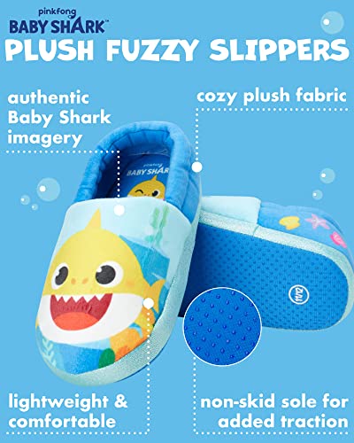 Nickelodeon Plush Fuzzy Slippers, Non-Skid Sole (Toddler/Kid, Boys' Baby Shark Blue, 11-12 Little