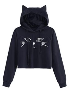 sweatyrocks women's long sleeve hoodie crop top cat print sweatshirt navy blue s