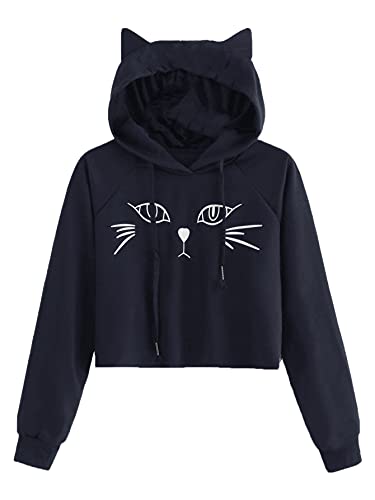 SweatyRocks Women's Long Sleeve Hoodie Crop Top Cat Print Sweatshirt Navy Blue S