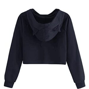 SweatyRocks Women's Long Sleeve Hoodie Crop Top Cat Print Sweatshirt Navy Blue S