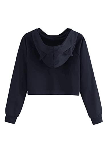 SweatyRocks Women's Long Sleeve Hoodie Crop Top Cat Print Sweatshirt Navy Blue S