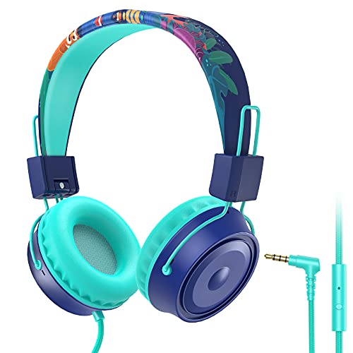 BlueFire Kids Headphones with Mic, Volume Limiter 85/94dB,Free 3.5mm Jack Wired Cord On-Ear Headset for Kids, Children Headphones for Study/School/Online Course/Tablet/Kindle/iPad(Blue)