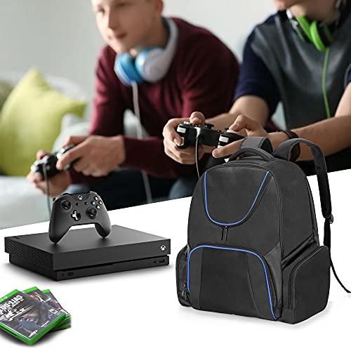 CURMIO Travel Backpack Compatible for Xbox Series S, Xbox One/ One S/ One X, Xbox 360/ 360 Slim, Carrying Case for Game Console, Controllers and Accessories, Blue Stripe (Bag Only, Patent Pending)