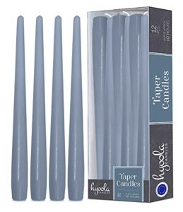 hyoola tall taper candles - 12 inch grey blue unscented dripless taper candles - 10 hour burn time - 12 pack