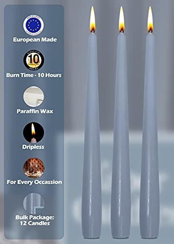 Hyoola Tall Taper Candles - 12 Inch Grey Blue Unscented Dripless Taper Candles - 10 Hour Burn Time - 12 Pack