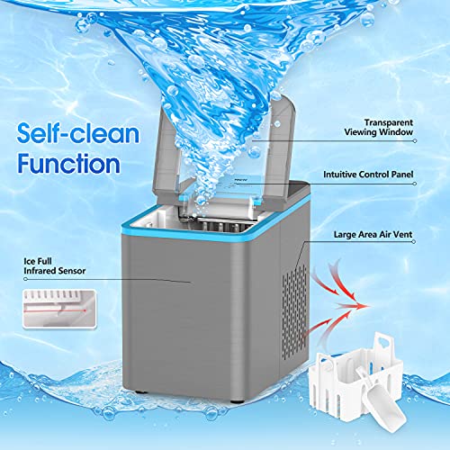 VECYS Countertop Ice Maker Machine, 9 Bullet Ice Cubes Ready in 8 Mins 26LBS in 24 Hours, Self-Clean 1.8L Portable Ice Maker with Ice Scoop and Basket, Great for Home, Office, Grey and Blue