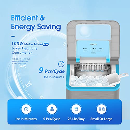 VECYS Countertop Ice Maker Machine, 9 Bullet Ice Cubes Ready in 8 Mins 26LBS in 24 Hours, Self-Clean 1.8L Portable Ice Maker with Ice Scoop and Basket, Great for Home, Office, Grey and Blue