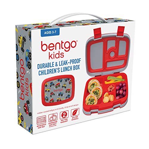 Bentgo® Kids Prints Leak-Proof, 5-Compartment Bento-Style Kids Lunch Box - Ideal Portion Sizes for Ages 3 to 7 - BPA-Free, Dishwasher Safe, Food-Safe Materials (Trucks)