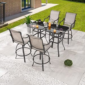 lokatse home 6 piece patio dining set outdoor furniture tesling swivel chairs bistro rotating stools with glass tempered table for poolside, cafe, porch, chic bar, grey