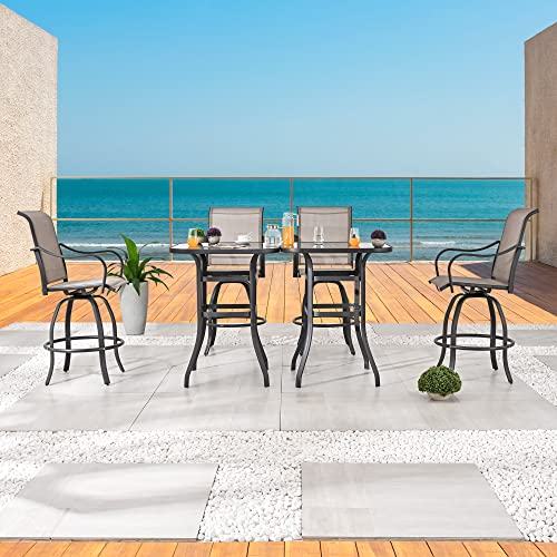 LOKATSE HOME 6 Piece Patio Dining Set Outdoor Furniture Tesling Swivel Chairs Bistro Rotating Stools with Glass Tempered Table for Poolside, Cafe, Porch, Chic Bar, Grey