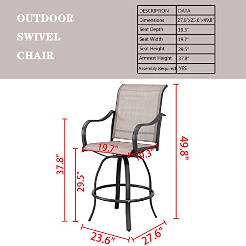 LOKATSE HOME 6 Piece Patio Dining Set Outdoor Furniture Tesling Swivel Chairs Bistro Rotating Stools with Glass Tempered Table for Poolside, Cafe, Porch, Chic Bar, Grey