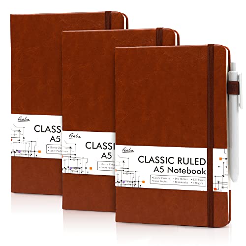 3 Pack Notebooks Journals Bulk with 3 Black Pens, Feela A5 Hardcover Notebook Classic Ruled Lined Journal Set with Pen Holder for Work Business Journaling Note Taking, 120 GSM, 5.1”x8.3”, Brown