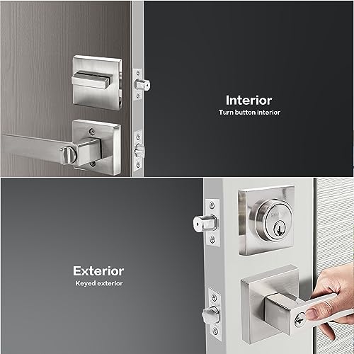 Exterior Door Lock Set with Deadbolt, Front Door Handle Set with Deadbolt, Door Levers Single Cylinder Deadbolt Set Satin Nickel