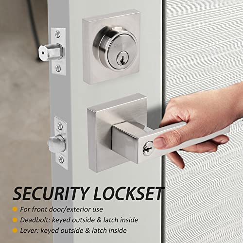 Exterior Door Lock Set with Deadbolt, Front Door Handle Set with Deadbolt, Door Levers Single Cylinder Deadbolt Set Satin Nickel