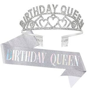 cavetee silver birthday queen crown and sash- rhinestone birthday tiara and sash for women birthday party favors glitter birthday decorations（multi color letter）