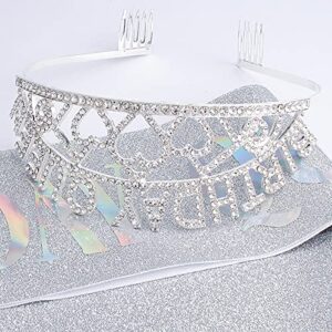 CAVETEE Silver Birthday Queen Crown and Sash- Rhinestone Birthday Tiara and Sash for Women Birthday Party Favors Glitter Birthday Decorations（Multi Color Letter）