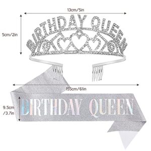 CAVETEE Silver Birthday Queen Crown and Sash- Rhinestone Birthday Tiara and Sash for Women Birthday Party Favors Glitter Birthday Decorations（Multi Color Letter）