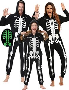 veseacky women's skeleton costume onesie pajama halloween holiday glow in dark one-piece pjs with hoodie bodysuit skeleton jumpsuit outfits small