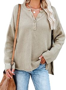 shewin sweaters for women trendy waffle knit long sleeve button v neck loose tops,(us 18-20) 2xl,khaki