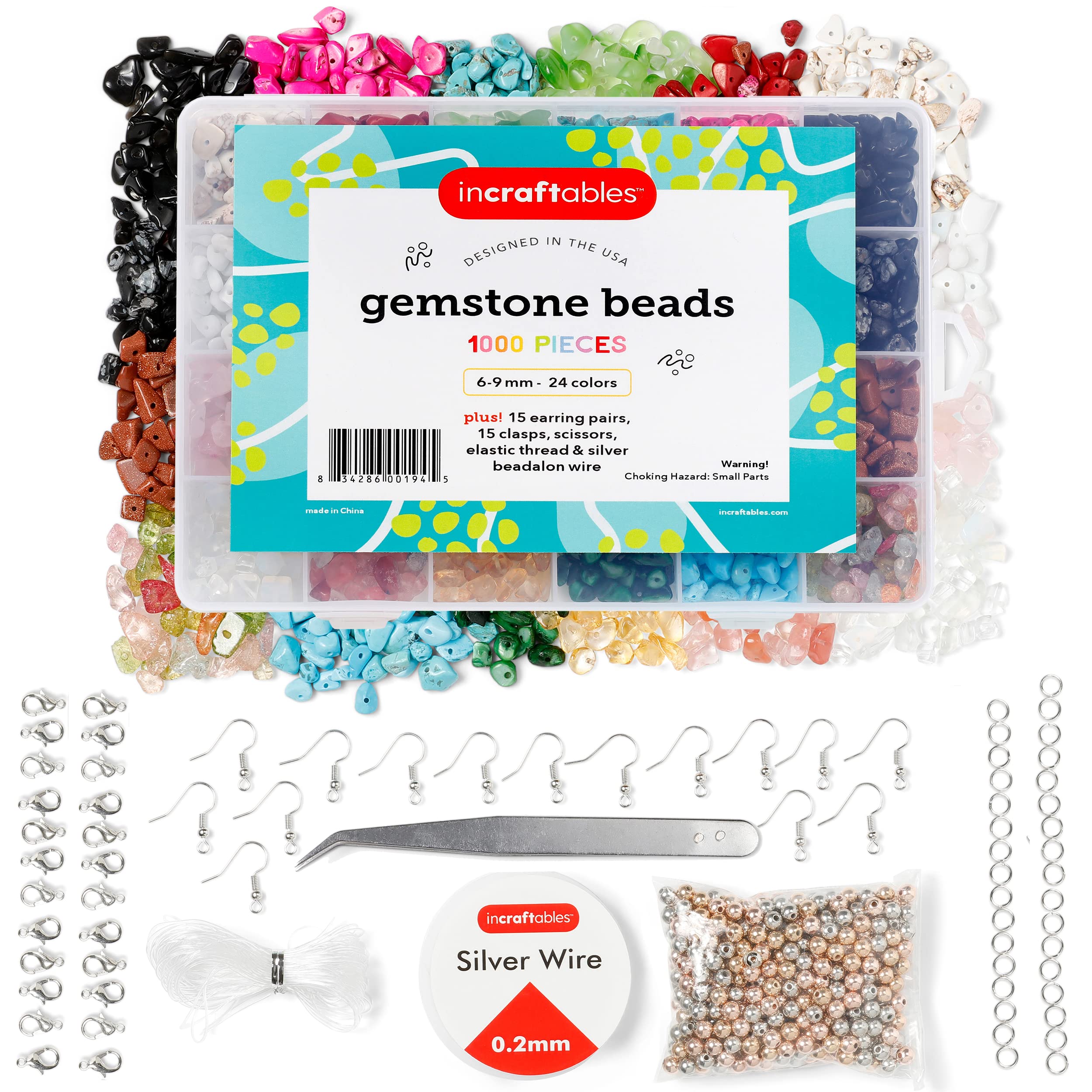 Incraftables 1000pcs Chip Crystal Beads (24 Colors Gemstones). Best Rock Beads for Jewelry Making, Rings & DIY Crafts. Bulk Natural Stone Chip Beads w/Spacer Bead, Earrings & Bracelet Wire (6-9 mm)