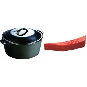 lodge l8dolkplt cast iron dutch oven with dual handles, pre-seasoned, 5-quart & asahh41 silicone assist handle holder, red