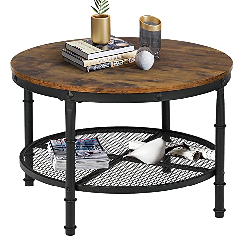 STHOUYN Small Round Coffee Table with Storage, Rustic Center Table for Living Room, Wood Surface Top & Metal Legs & Open 2-Tier Shelf, Save Space, Brown