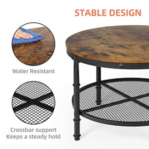 STHOUYN Small Round Coffee Table with Storage, Rustic Center Table for Living Room, Wood Surface Top & Metal Legs & Open 2-Tier Shelf, Save Space, Brown