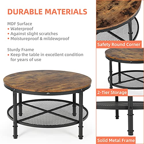 STHOUYN Small Round Coffee Table with Storage, Rustic Center Table for Living Room, Wood Surface Top & Metal Legs & Open 2-Tier Shelf, Save Space, Brown